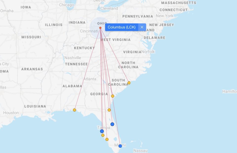 Ultimate Guide To Major Ohio Airports Airlines Maps UponArriving   Rickenbacker International Airport LCK Route Map 960x619 