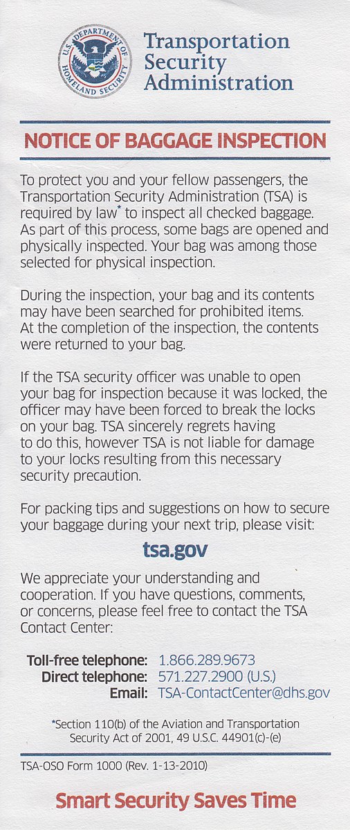 TSA Notice of baggage inspection