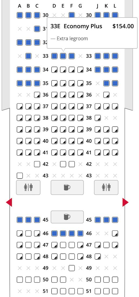 United Airlines seat map pricing